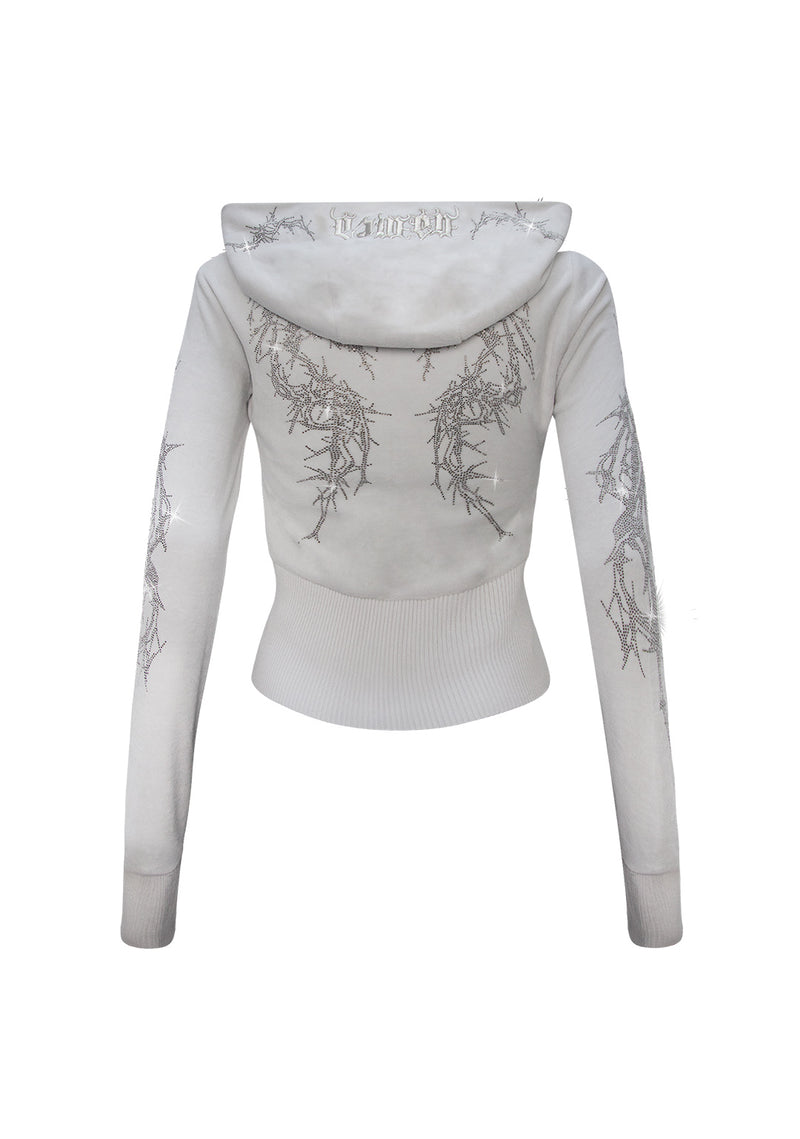 CURSE RHINESTONE VELOUR ZIP HOODIE SALT