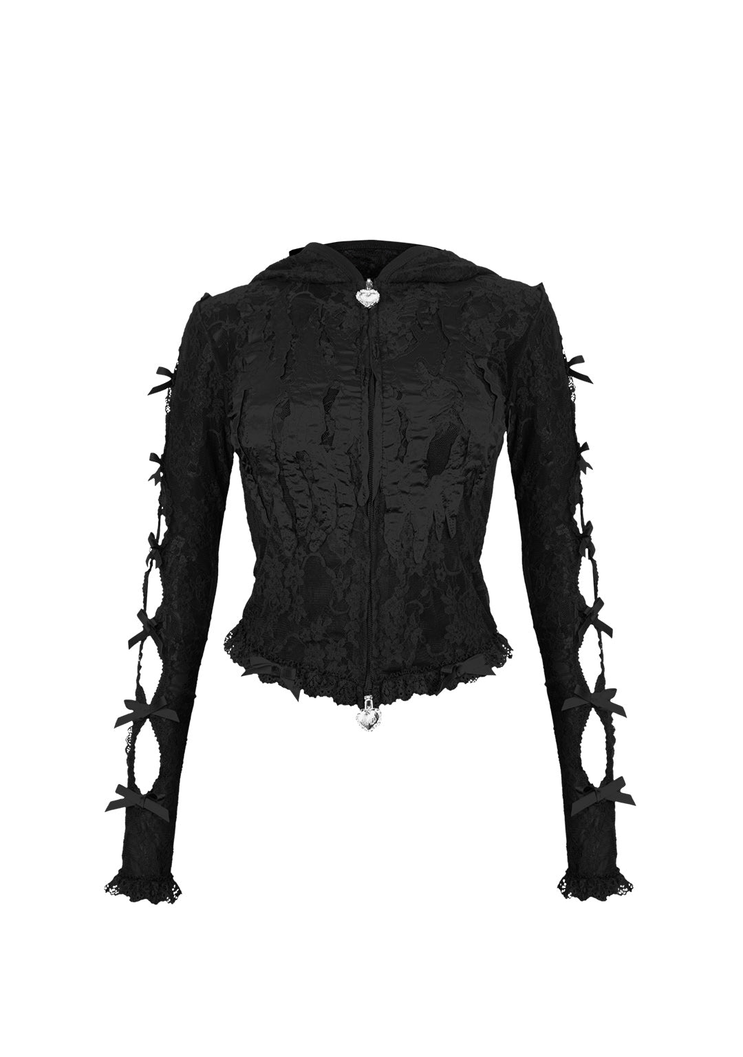 BAD ROMANCE SHEER LACE SCULPT STRETCH ZIP HOODIE BLACK