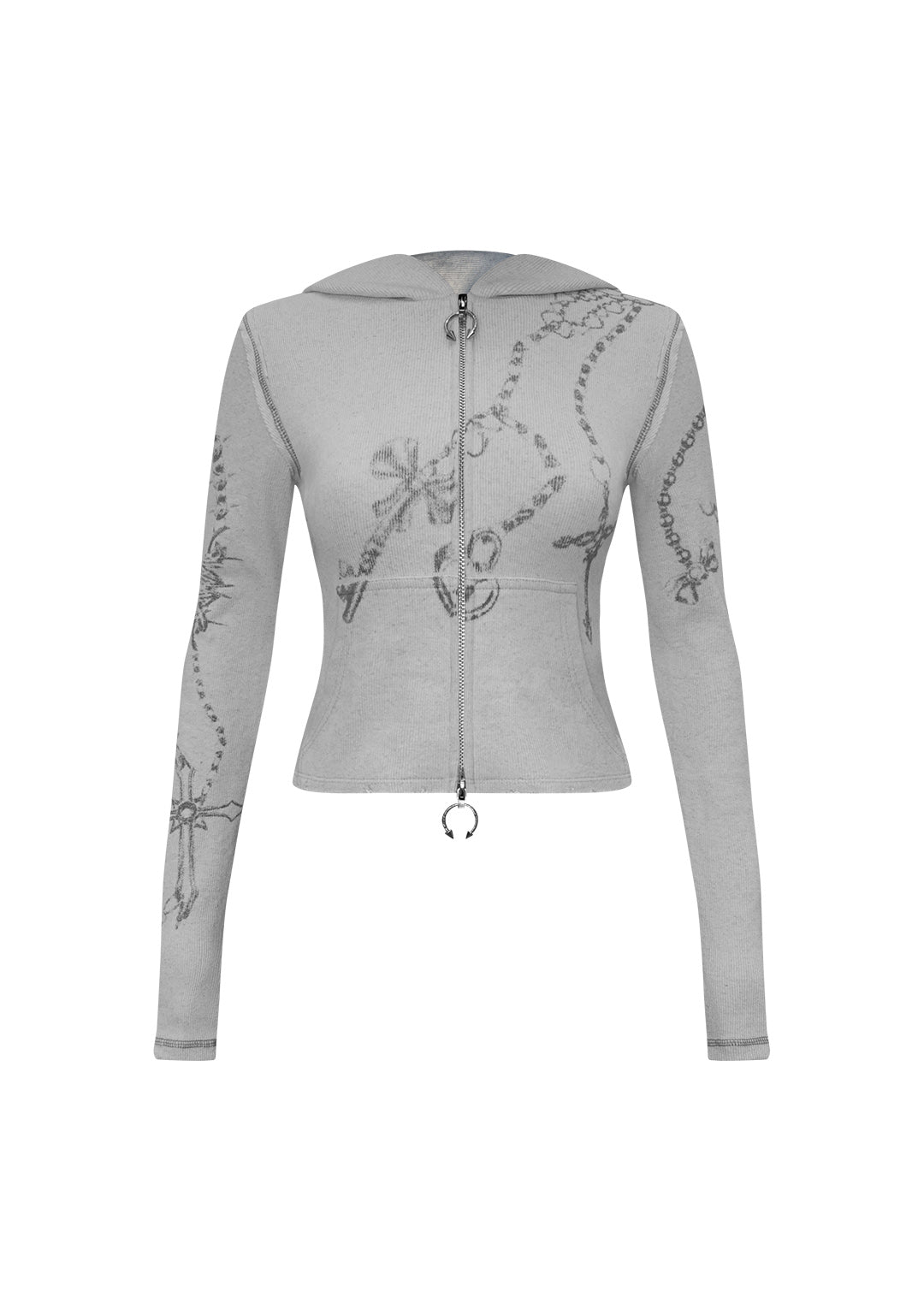 DESTROY CROPPED FITTED RIB ZIP HOODIE GREY MARL