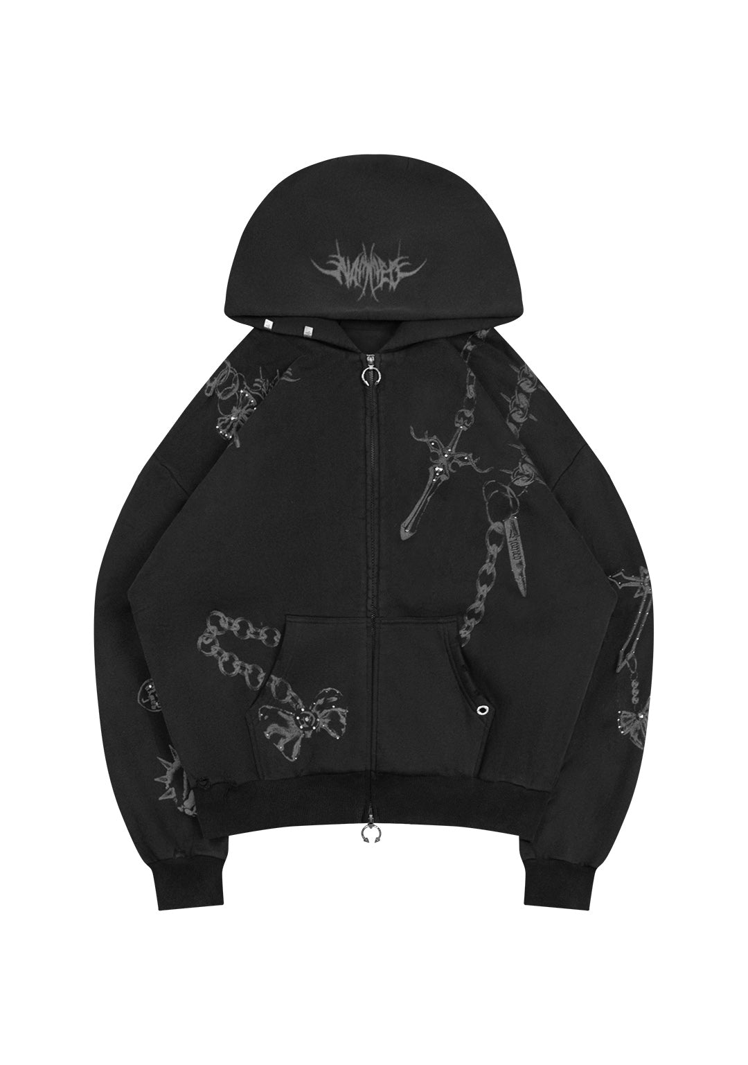 DESTROY STUDDED ZIP HOODIE BLACK VINTAGE WASH