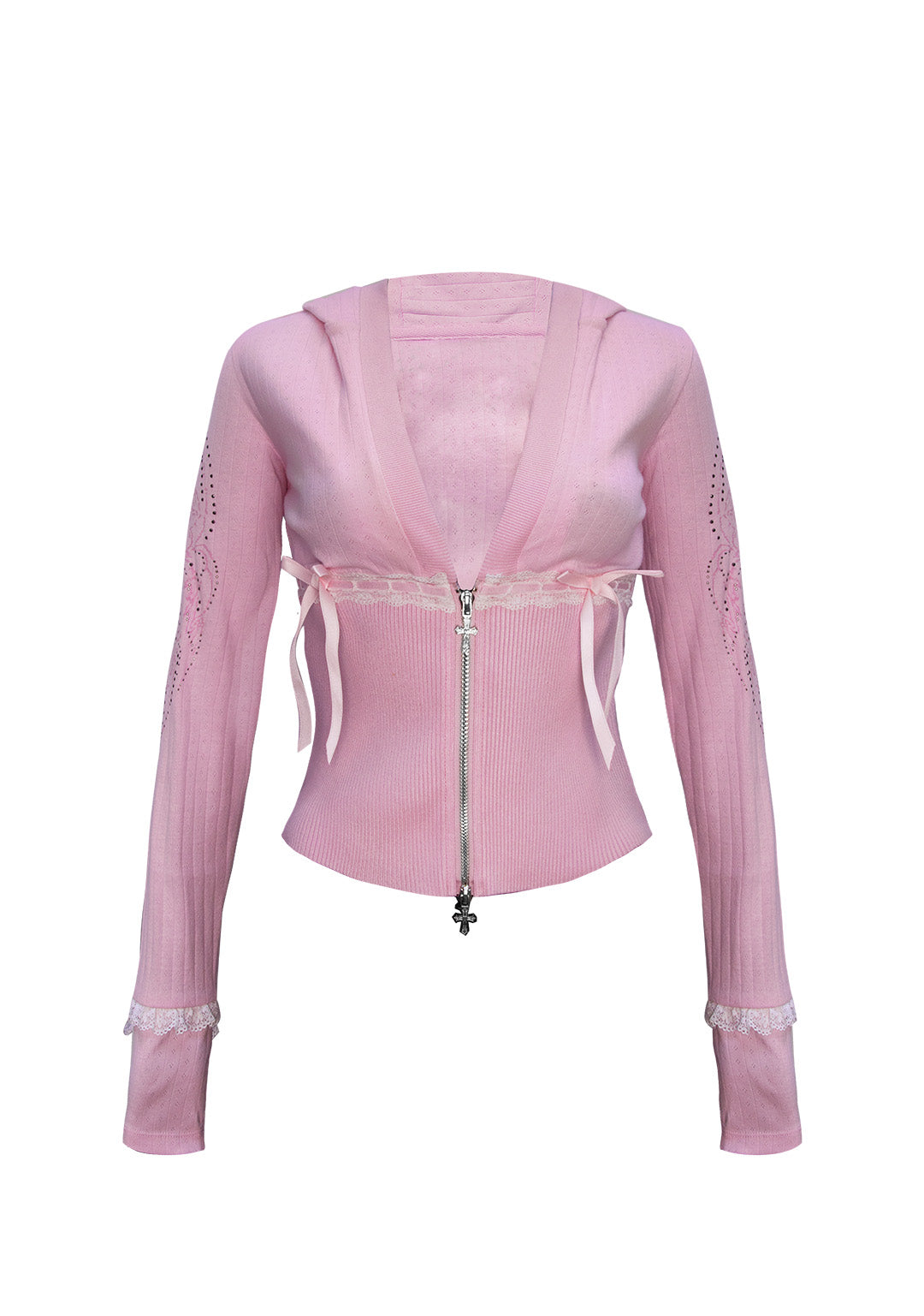 WHISPER RIBBON POINTELLE SCULPT HOODIE BABY PINK