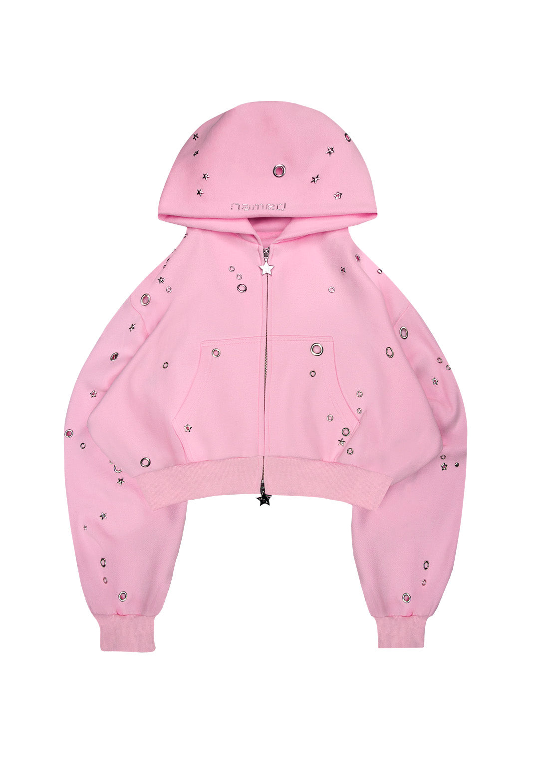 FREE SH!T: GLITCH EYELET CROP ZIP HOODIE BABY PINK