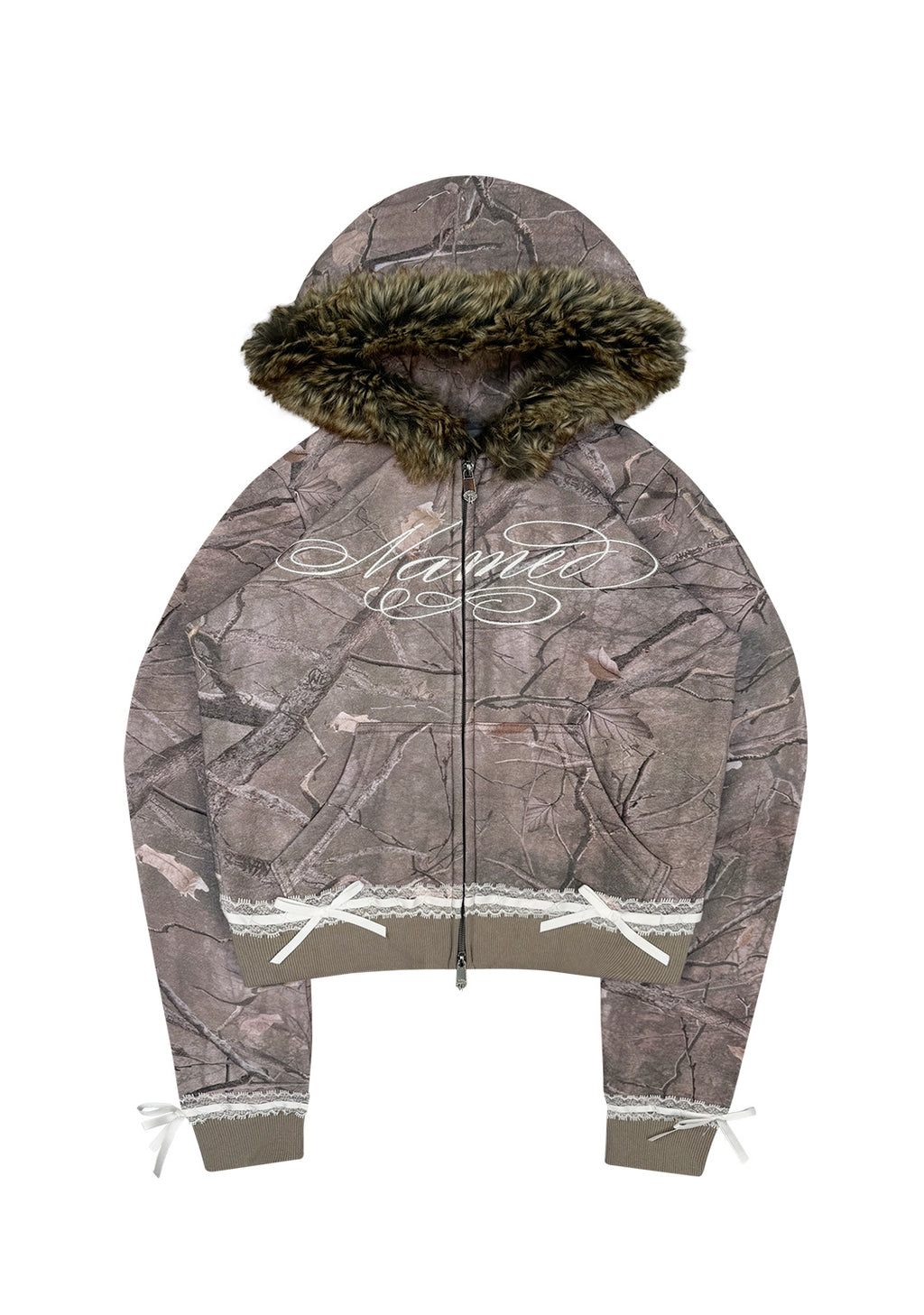 Prey Faux Fur Fitted Zip Hoodie Tree Camo Detachable Fur