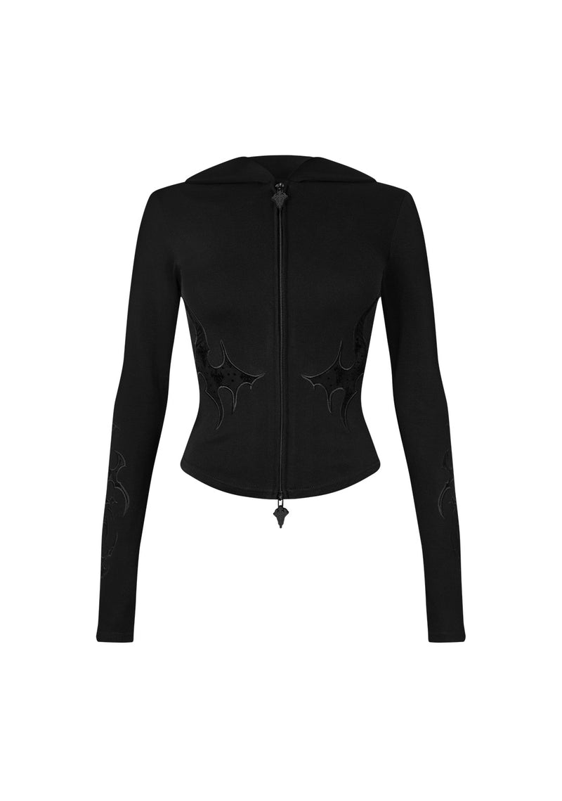 SINNER LACE CUT OUT SCULPT STRETCH ZIP HOODIE BLACK