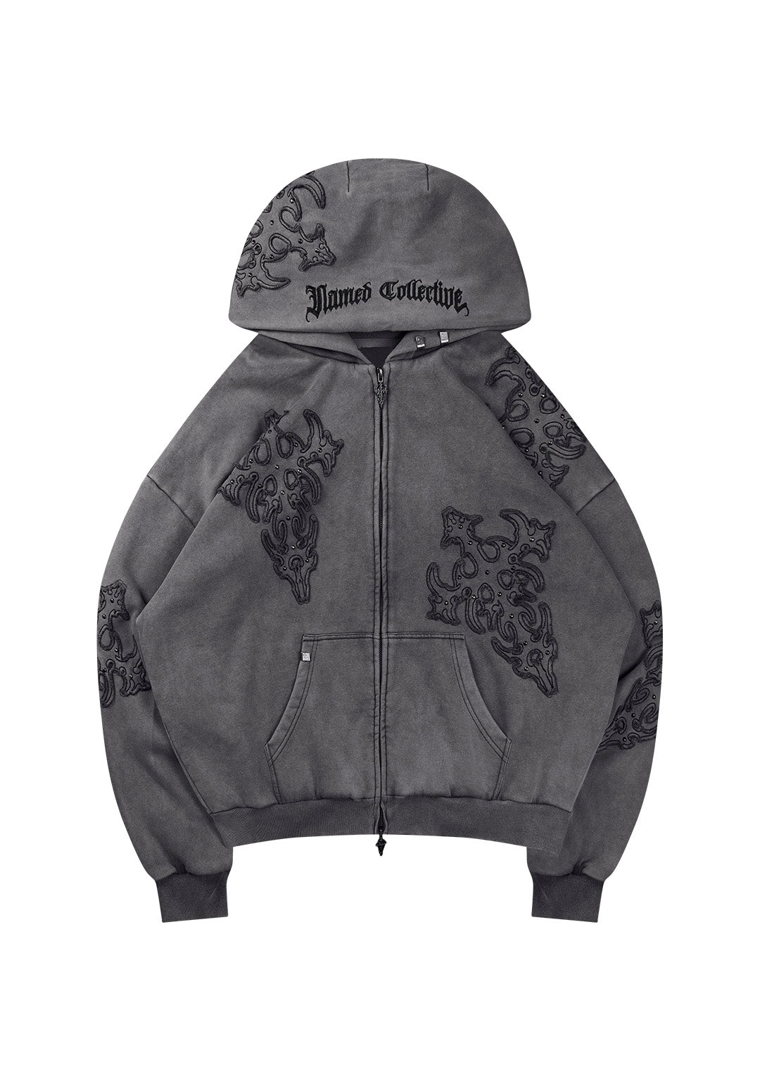 SINNER STUDDED ZIP HOODIE GREY VINTAGE WASH