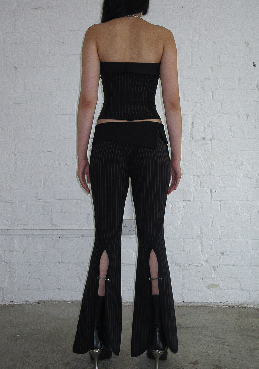 ALLURE FOLDOVER STRETCH SCULPT PANTS BLACK PINSTRIPE
