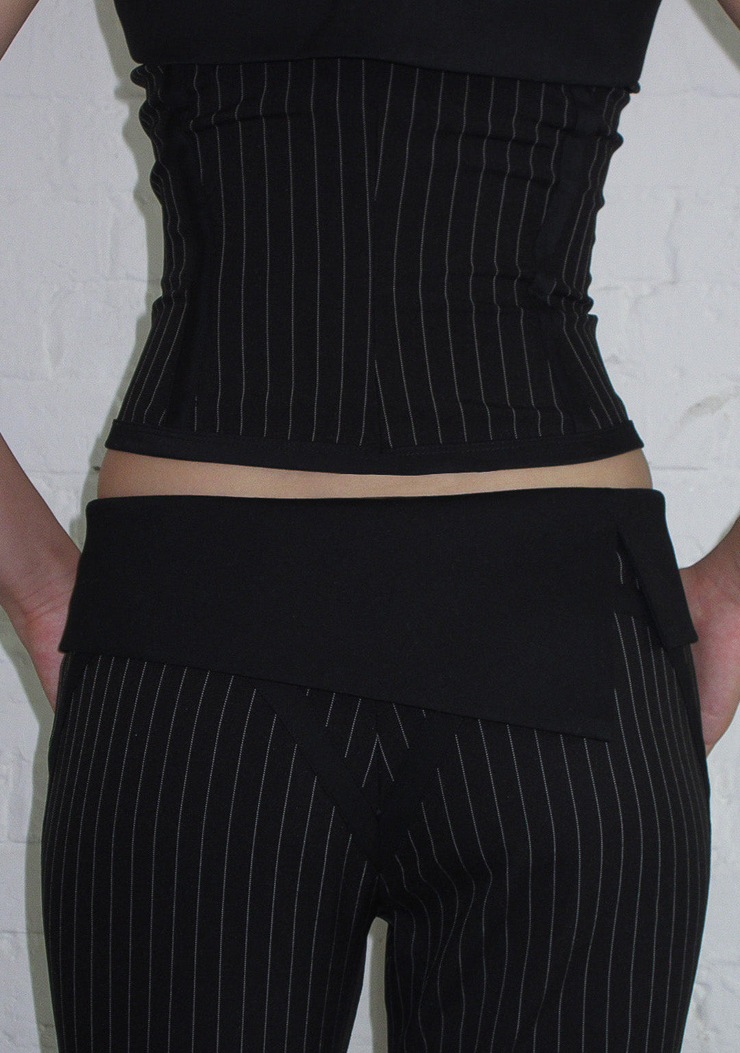ALLURE FOLDOVER STRETCH SCULPT PANTS BLACK PINSTRIPE