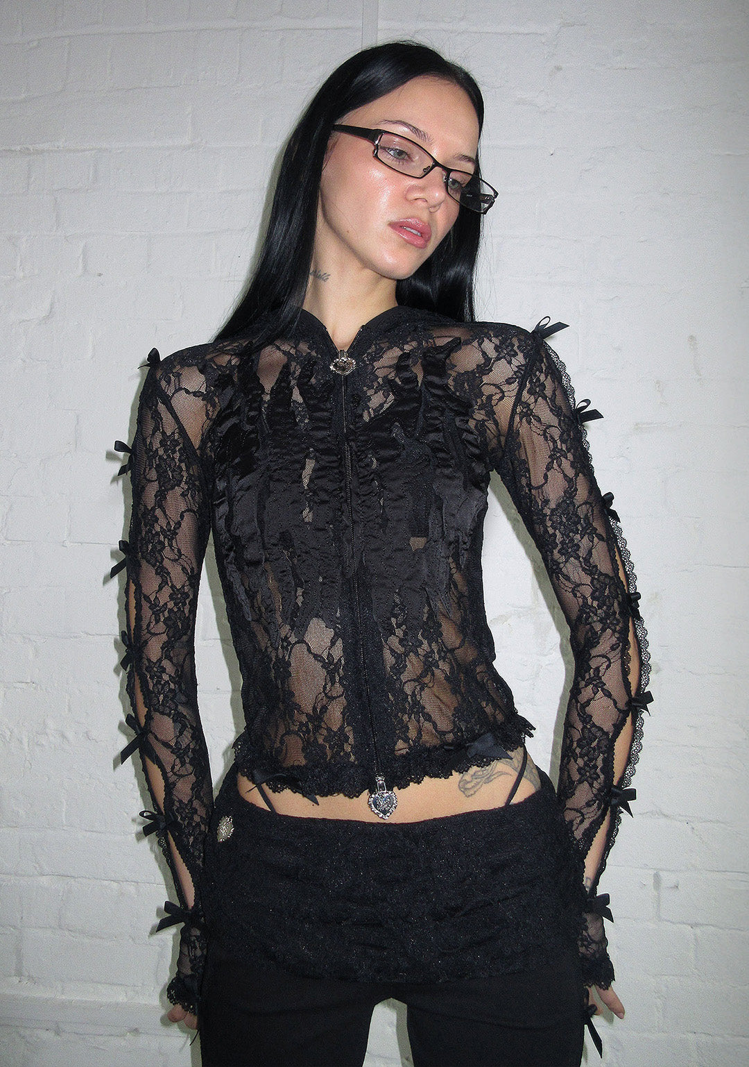BAD ROMANCE SHEER LACE SCULPT STRETCH ZIP HOODIE BLACK