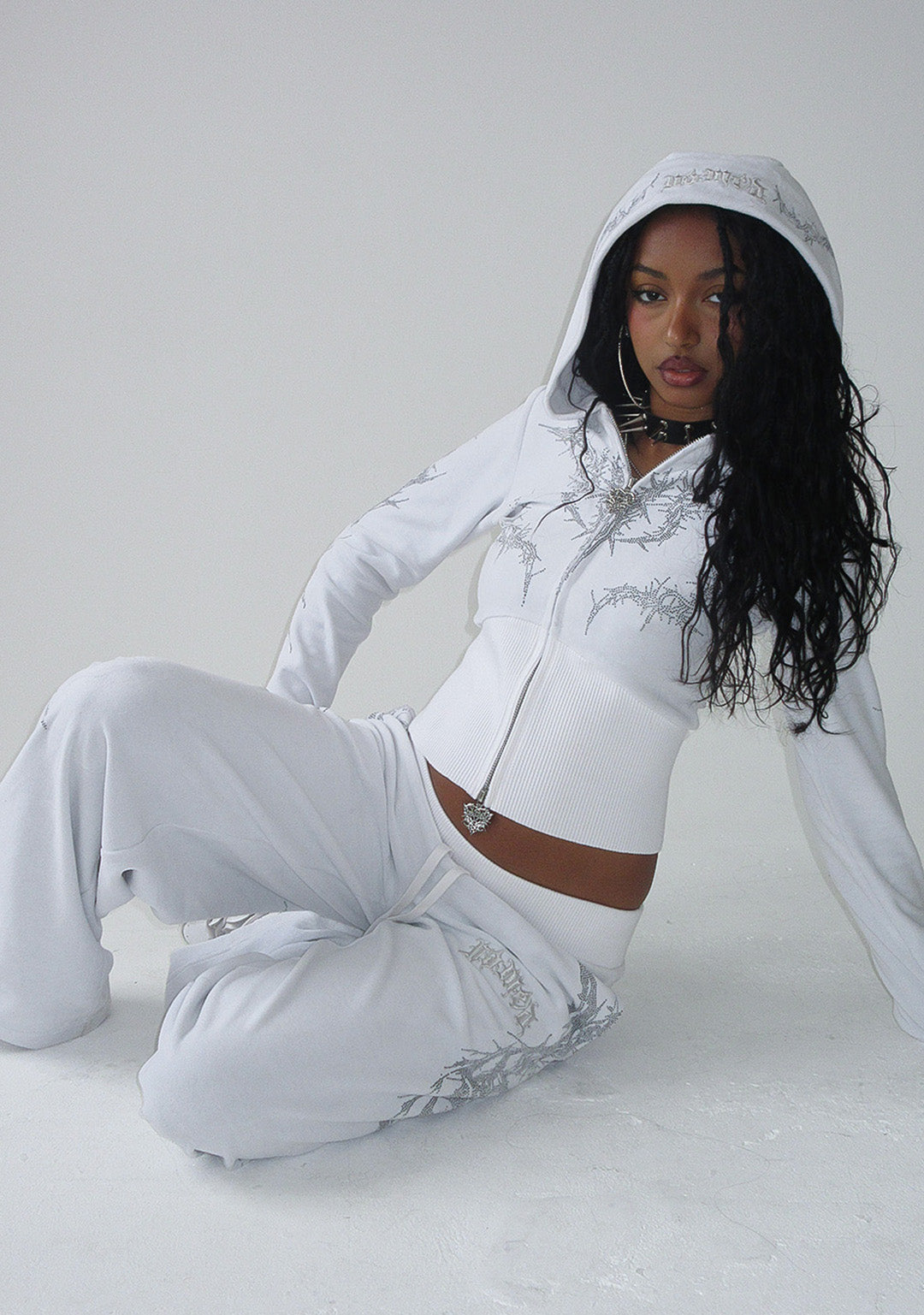 CURSE RHINESTONE VELOUR ZIP HOODIE SALT