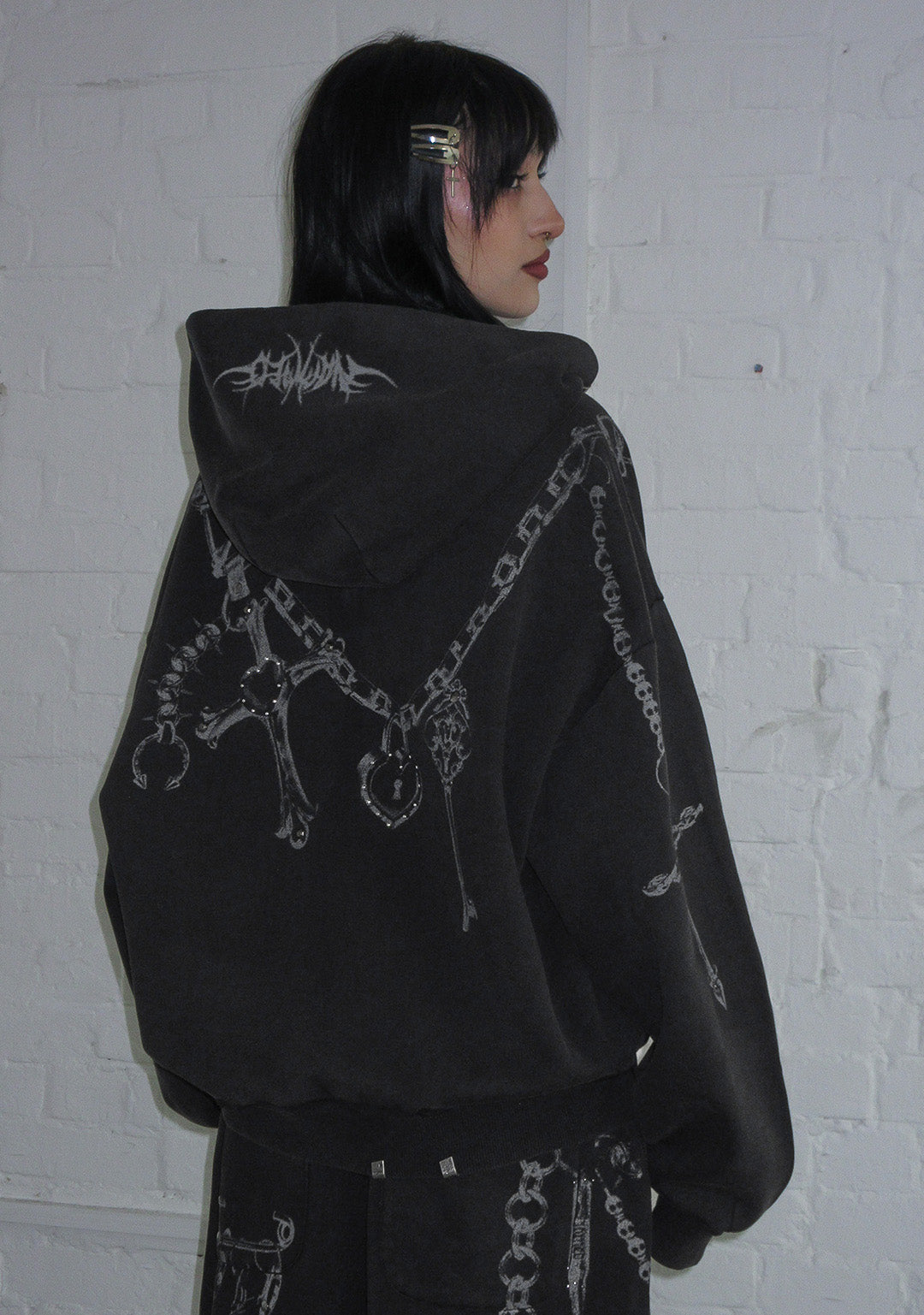 DESTROY STUDDED ZIP HOODIE BLACK VINTAGE WASH