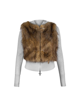 FAITHFUL FAUX FUR VEST AND FITTED ZIP HOODIE TWO PIECE SET GREY MARL