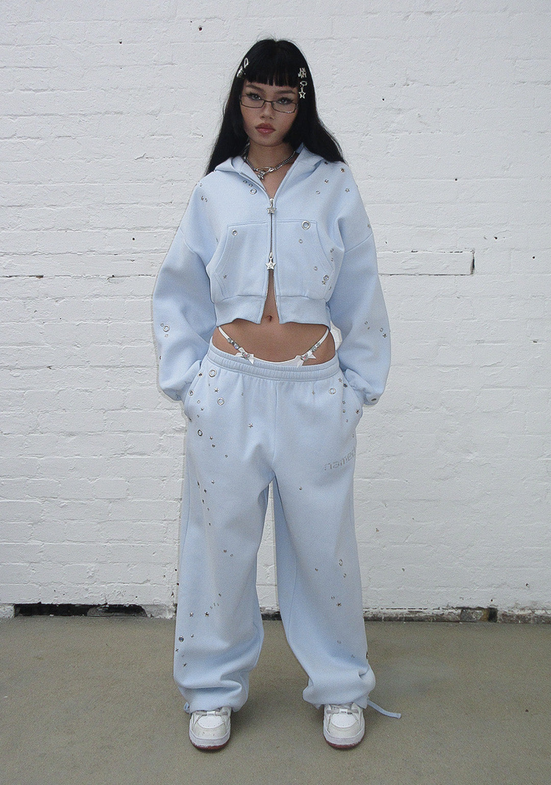 FREE SH!T: GLITCH EYELET OVERSIZED SWEATPANTS BABY BLUE