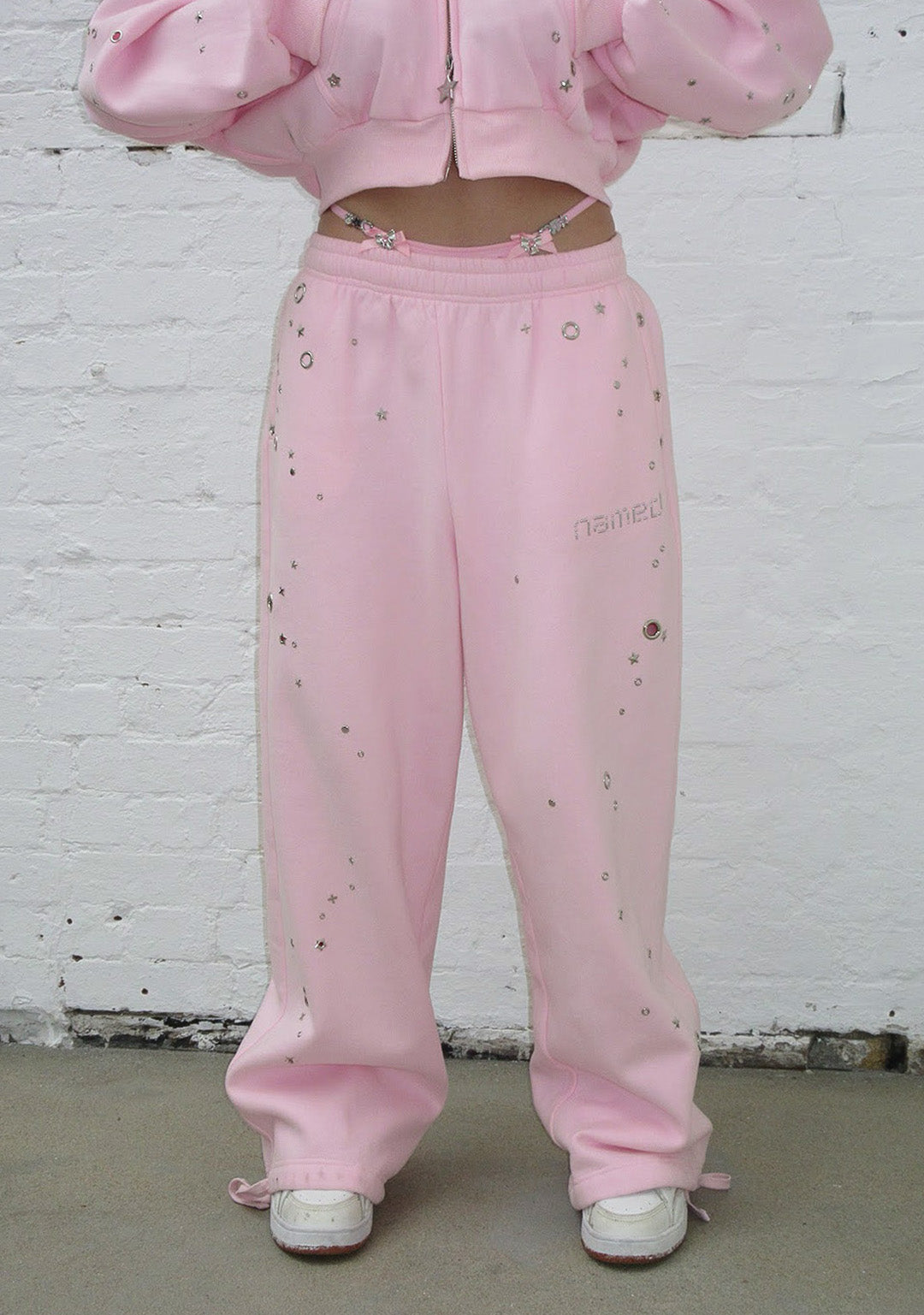 FREE SH!T: GLITCH EYELET OVERSIZED SWEATPANTS BABY PINK