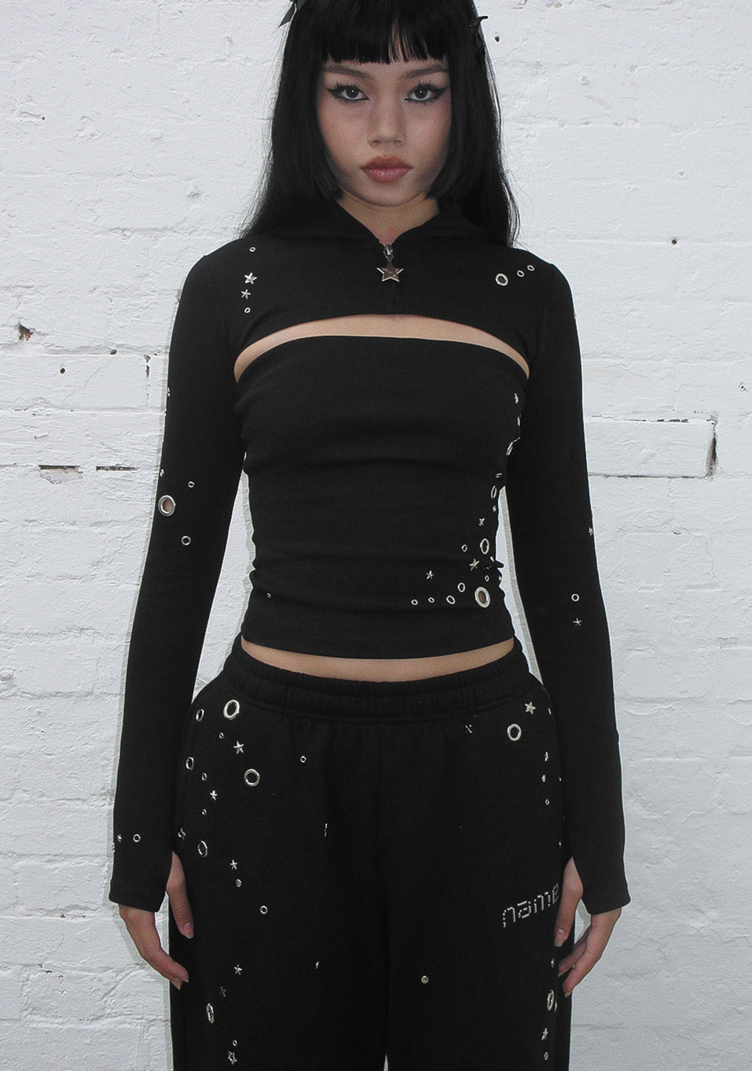 GLITCH EYELET ZIP HOODED SHRUG
