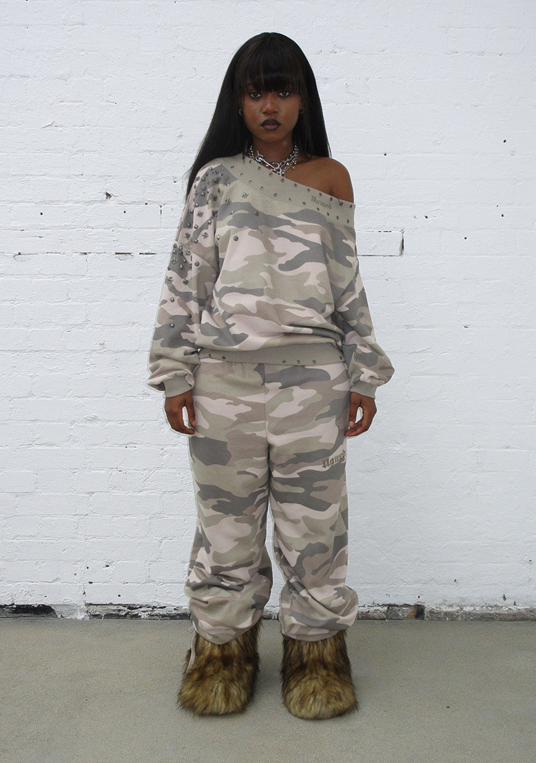 MIDNIGHT STUDDED OFF THE SHOULDER SWEATER CAMO