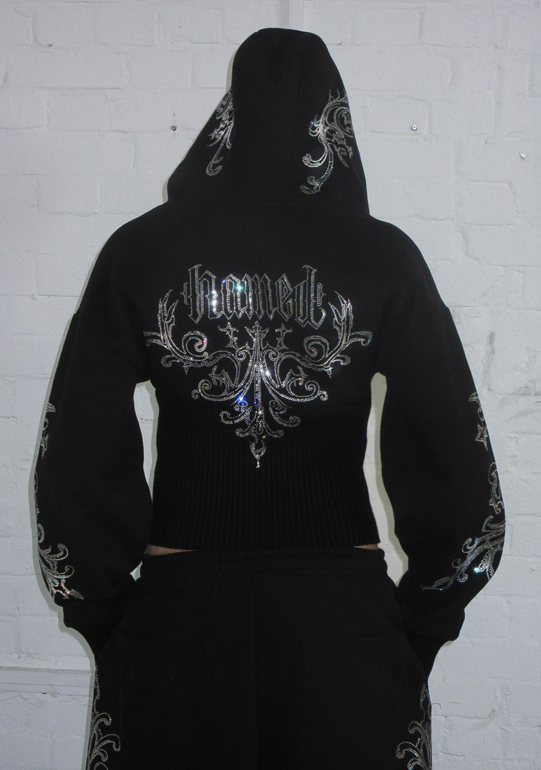 NOCTURNAL RHINESTONE FITTED WAIST ZIP HOODIE BLACK