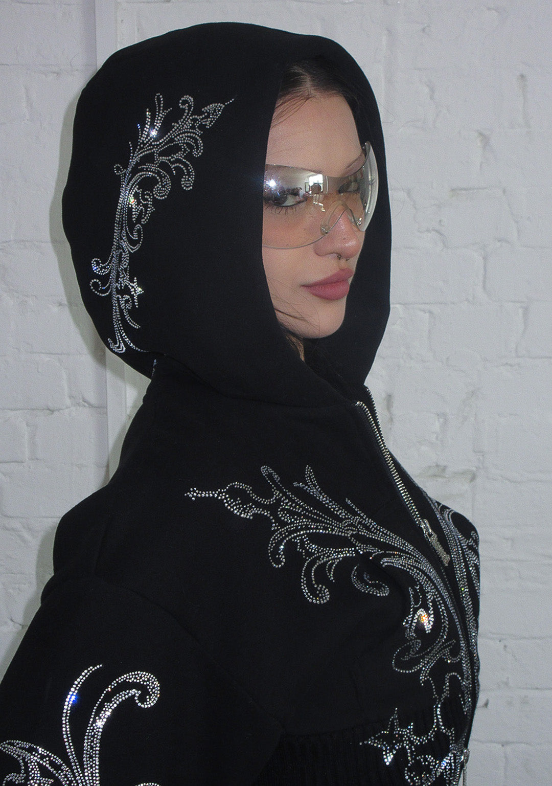 NOCTURNAL RHINESTONE FITTED WAIST ZIP HOODIE BLACK
