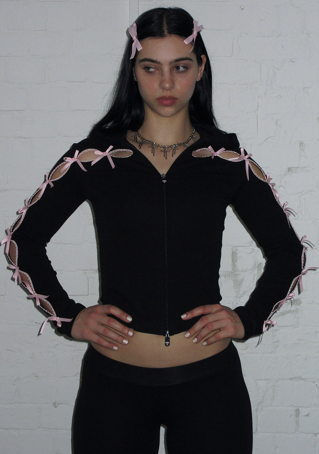 FREE SH!T: PRINC355 RIBBON SCULPT STRETCH ZIP HOODIE BLACK