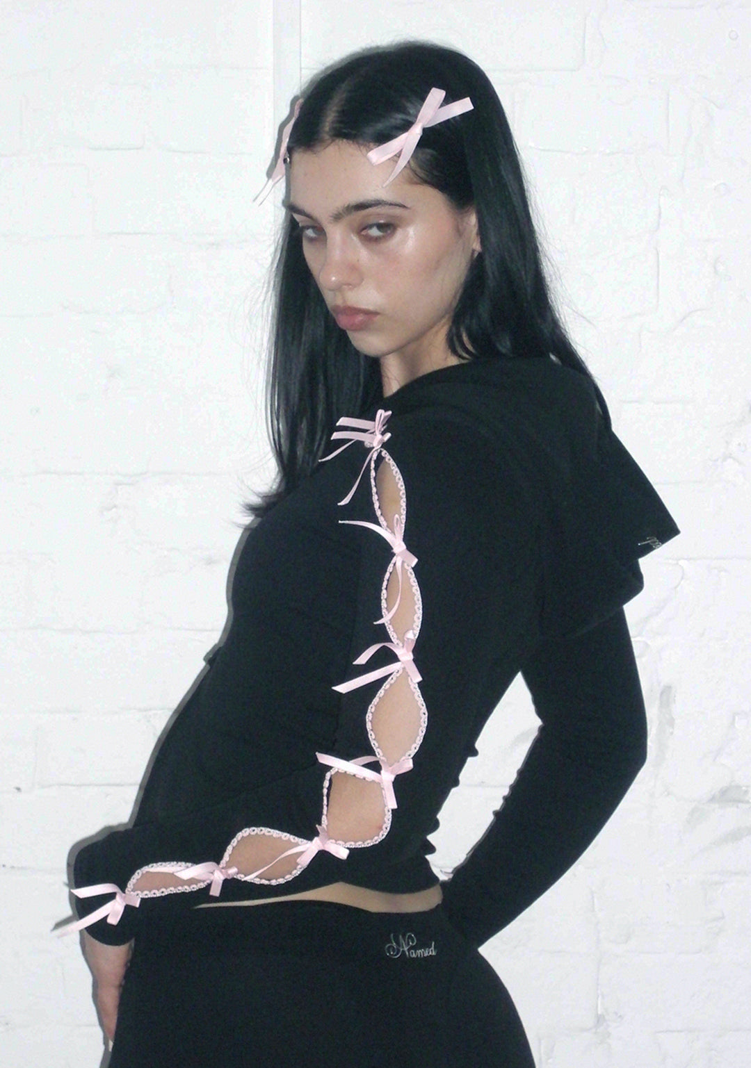 FREE SH!T: PRINC355 RIBBON SCULPT STRETCH ZIP HOODIE BLACK