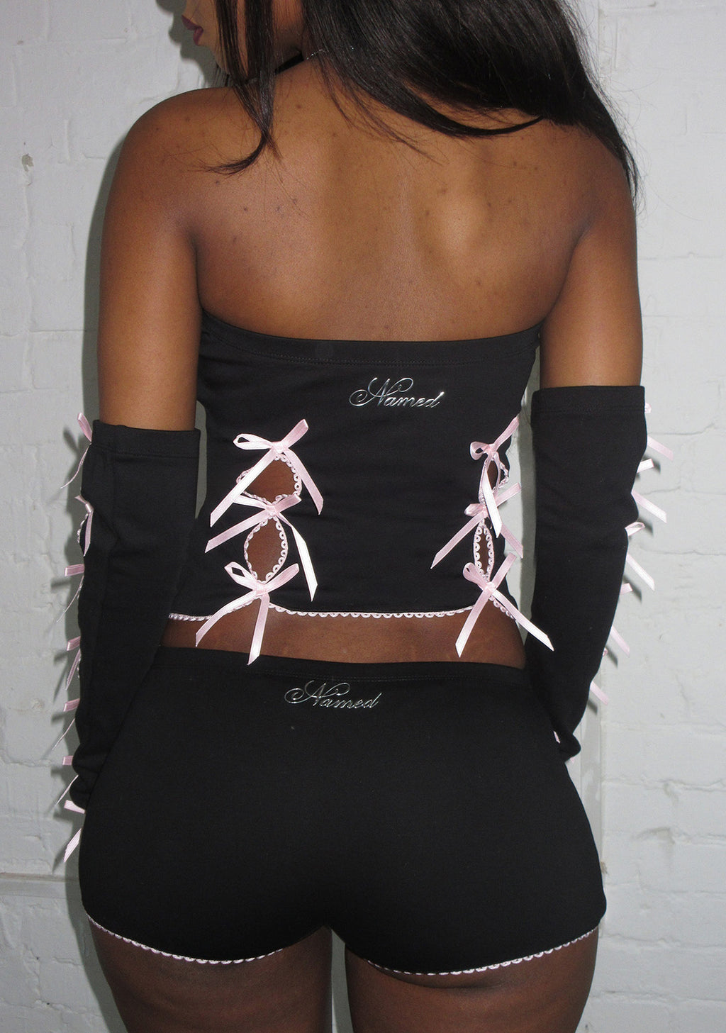 Princ355 Ribbon Three Piece Tube Top Set Black Detachable Sleeves