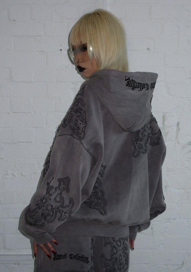 SINNER STUDDED ZIP HOODIE GREY VINTAGE WASH