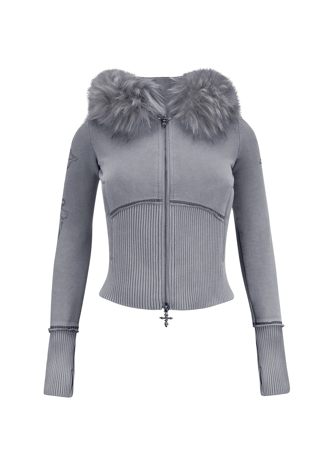 FERAL FAUX FUR FITTED ZIP HOODIE WASHED GREY (DETACHABLE FUR)