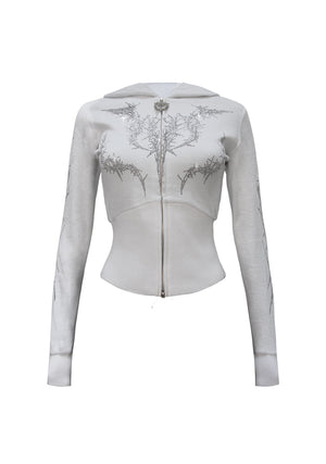 CURSE RHINESTONE VELOUR ZIP HOODIE SALT