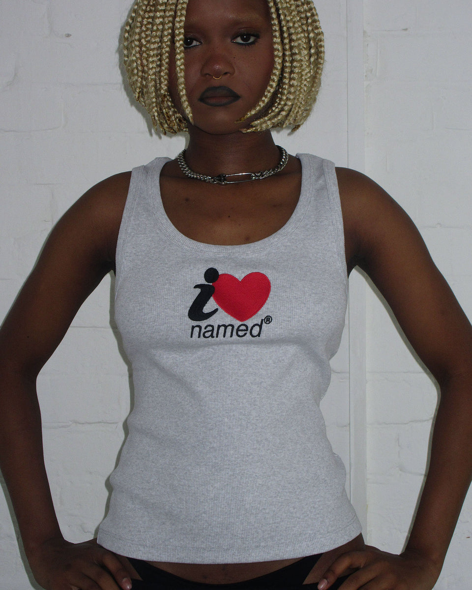 I <3 NAMED EMBROIDERED RIBBED TANK GREY MARL