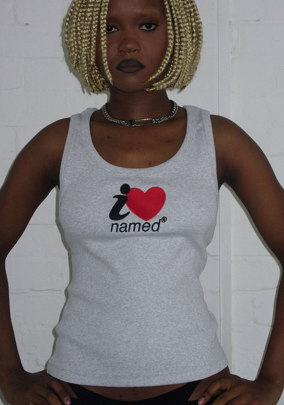 I <3 NAMED EMBROIDERED RIBBED TANK GREY MARL