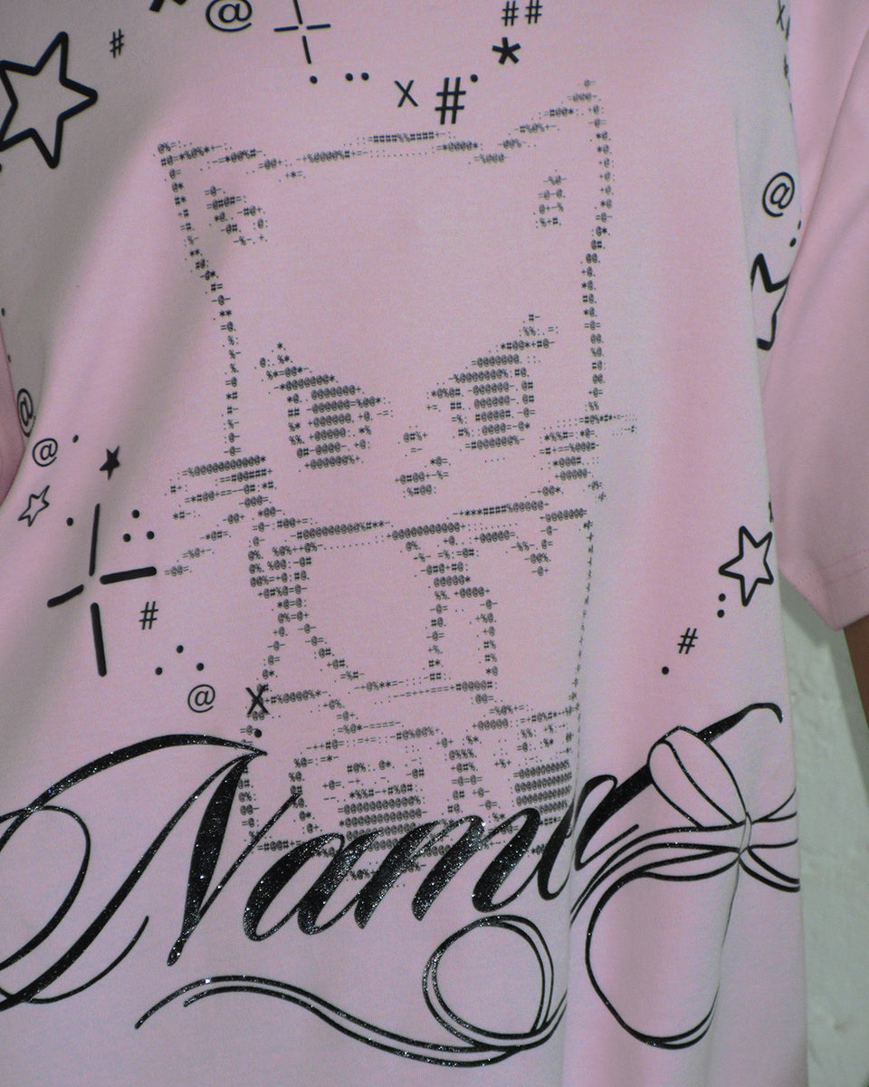 NAMED COLLECTIVE® 404 ERROR KITTY BABY PINK tee with a glitter cat, and stars.