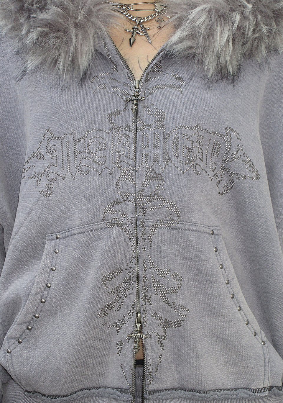 FERAL FAUX FUR STUDDED ZIP HOODIE WASHED GREY (DETACHABLE FUR)