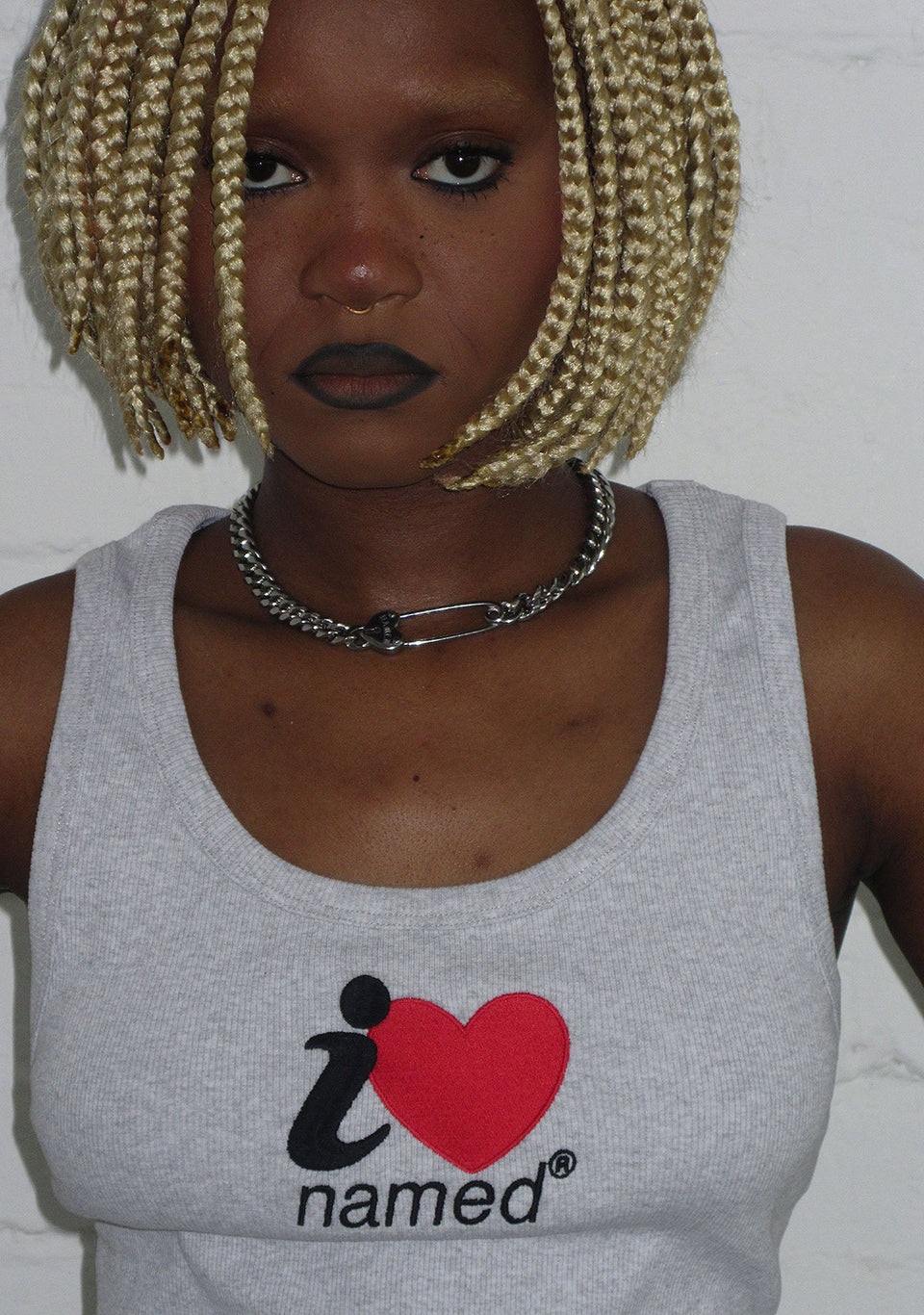 I <3 NAMED EMBROIDERED RIBBED TANK GREY MARL