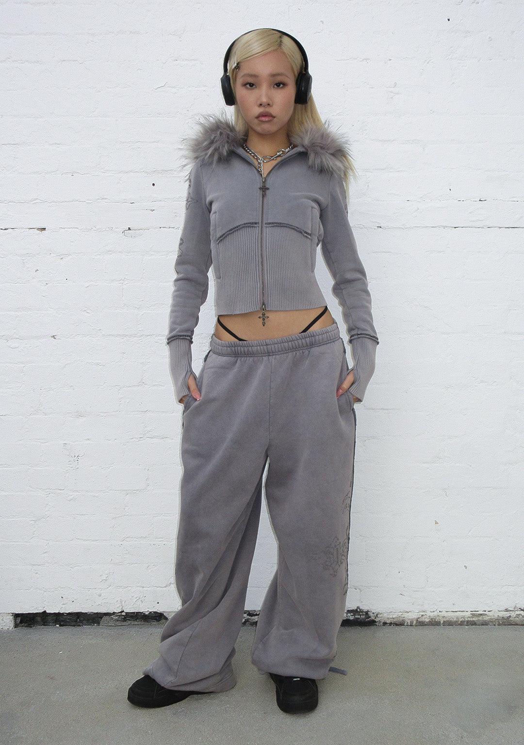 FERAL FAUX FUR FITTED ZIP HOODIE WASHED GREY (DETACHABLE FUR)