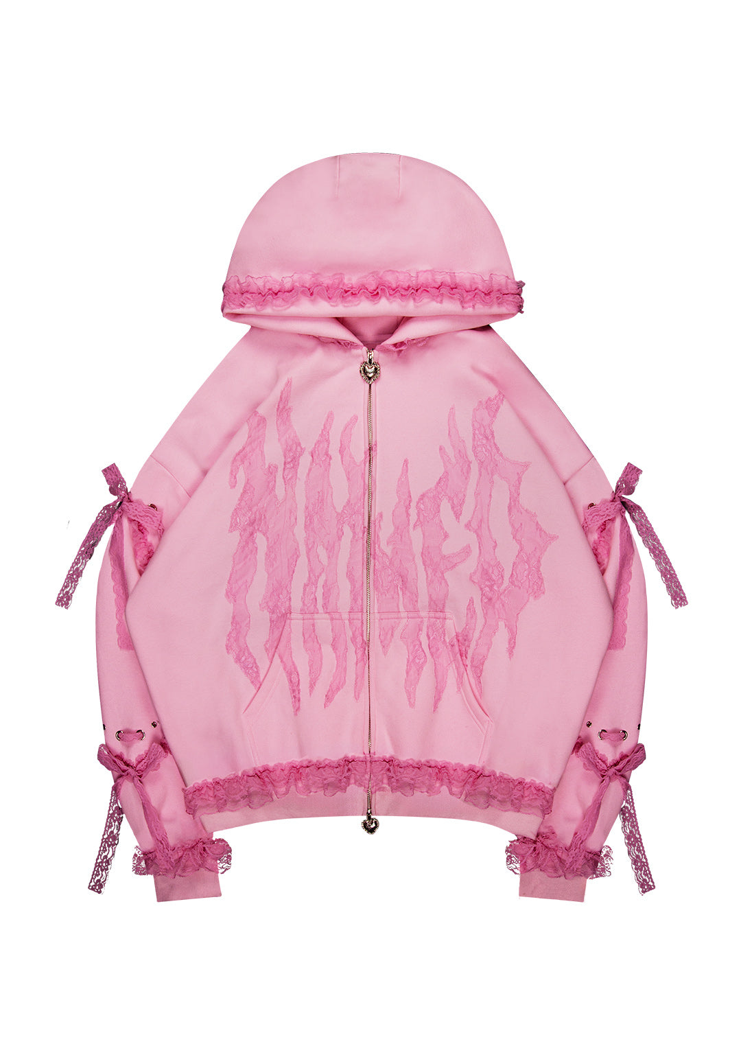 BAD ROMANCE LACE RIBBON ZIP HOODIE BABY PINK