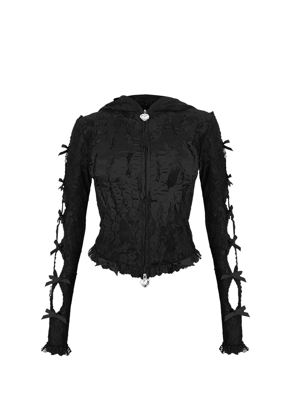 BAD ROMANCE SHEER LACE SCULPT STRETCH ZIP HOODIE BLACK