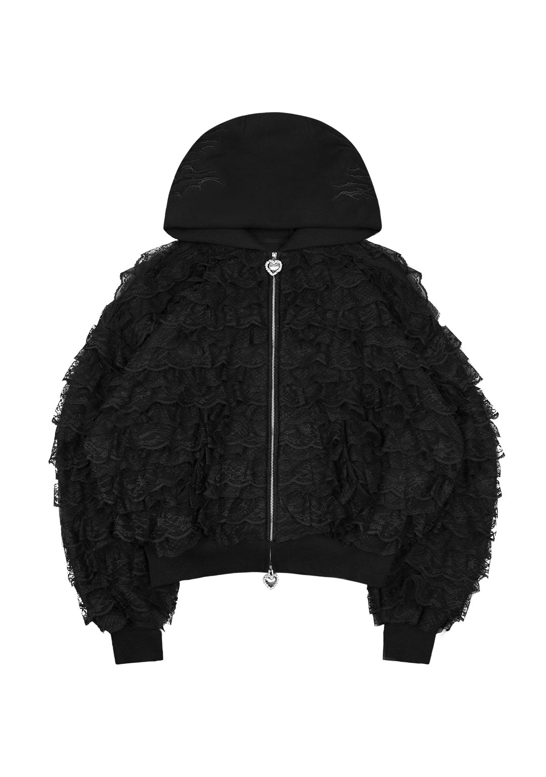 BAD ROMANCE LACE RUFFLE ZIP HOODIE BLACK