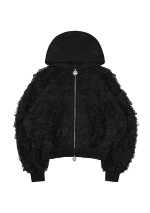 BAD ROMANCE LACE RUFFLE ZIP HOODIE BLACK