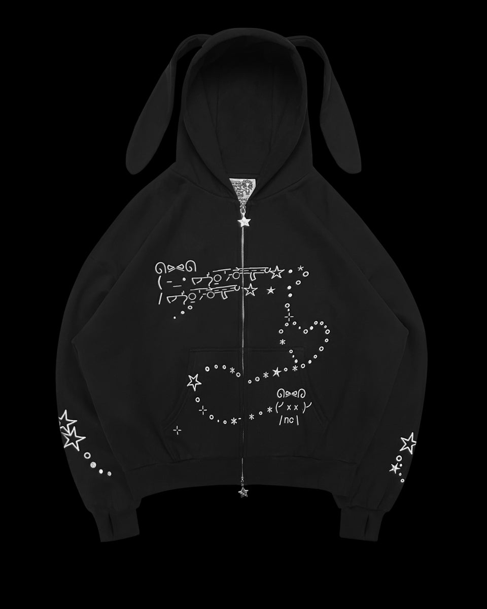 MALFUNCTION BUNNY ZIP HOODIE BLACK (DETACHABLE EARS)