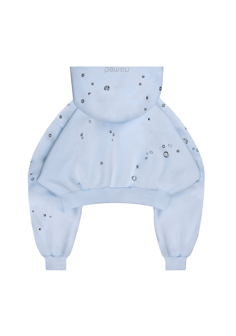 GLITCH EYELET CROP ZIP HOODIE BABY BLUE