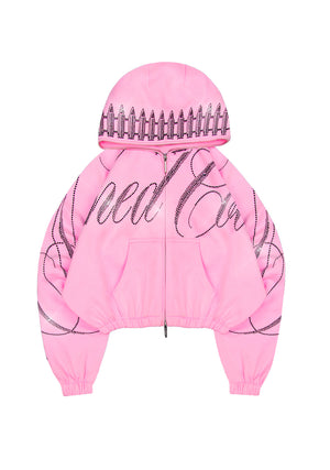 ENEMY RHINESTONE CROP ZIP HOODIE BABY PINK