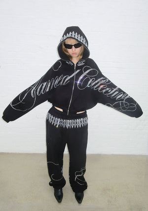 ENEMY RHINESTONE CROP ZIP HOODIE BLACK