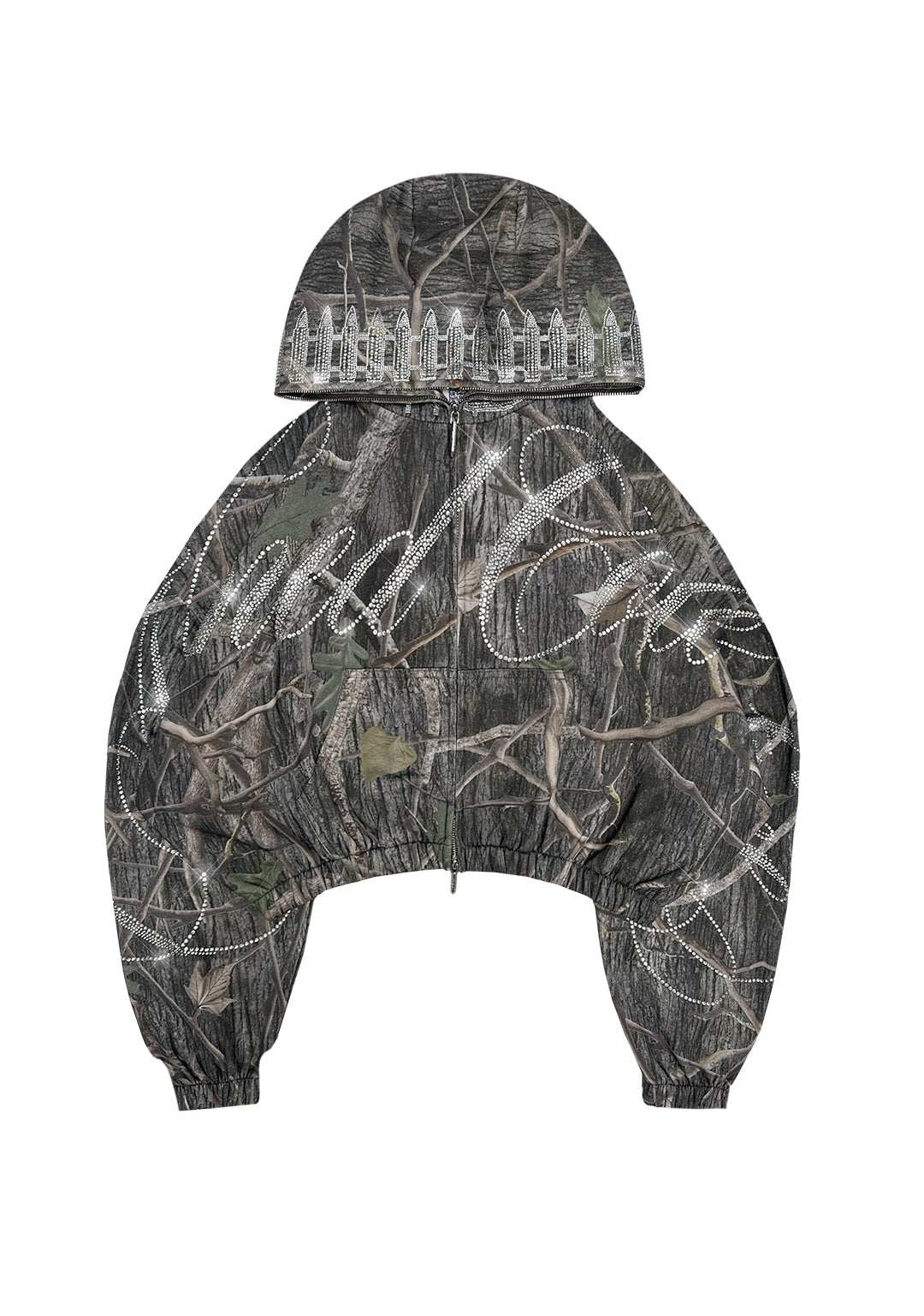 ENEMY RHINESTONE CROP ZIP HOODIE TREE CAMO