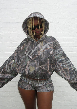 ENEMY RHINESTONE CROP ZIP HOODIE TREE CAMO