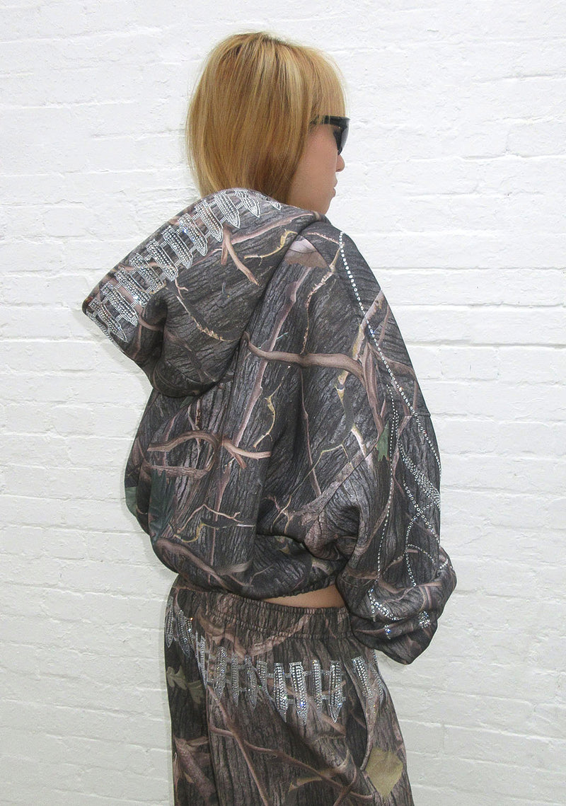 ENEMY RHINESTONE CROP ZIP HOODIE TREE CAMO