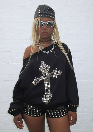 FAITHFUL STUDDED OFF THE SHOULDER SWEATER BLACK