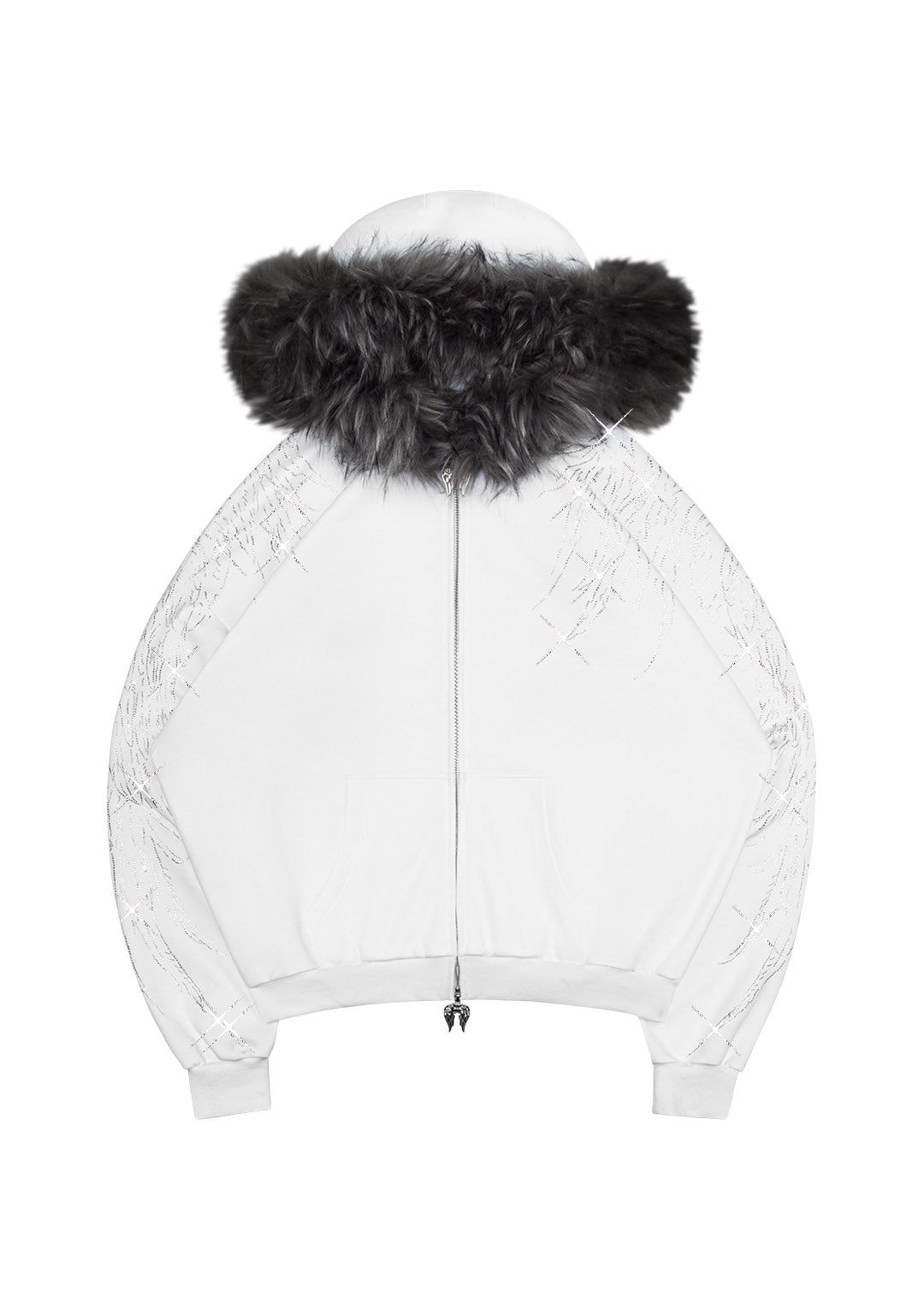 FALLEN FAUX FUR RHINESTONE ZIP HOODIE WHITE