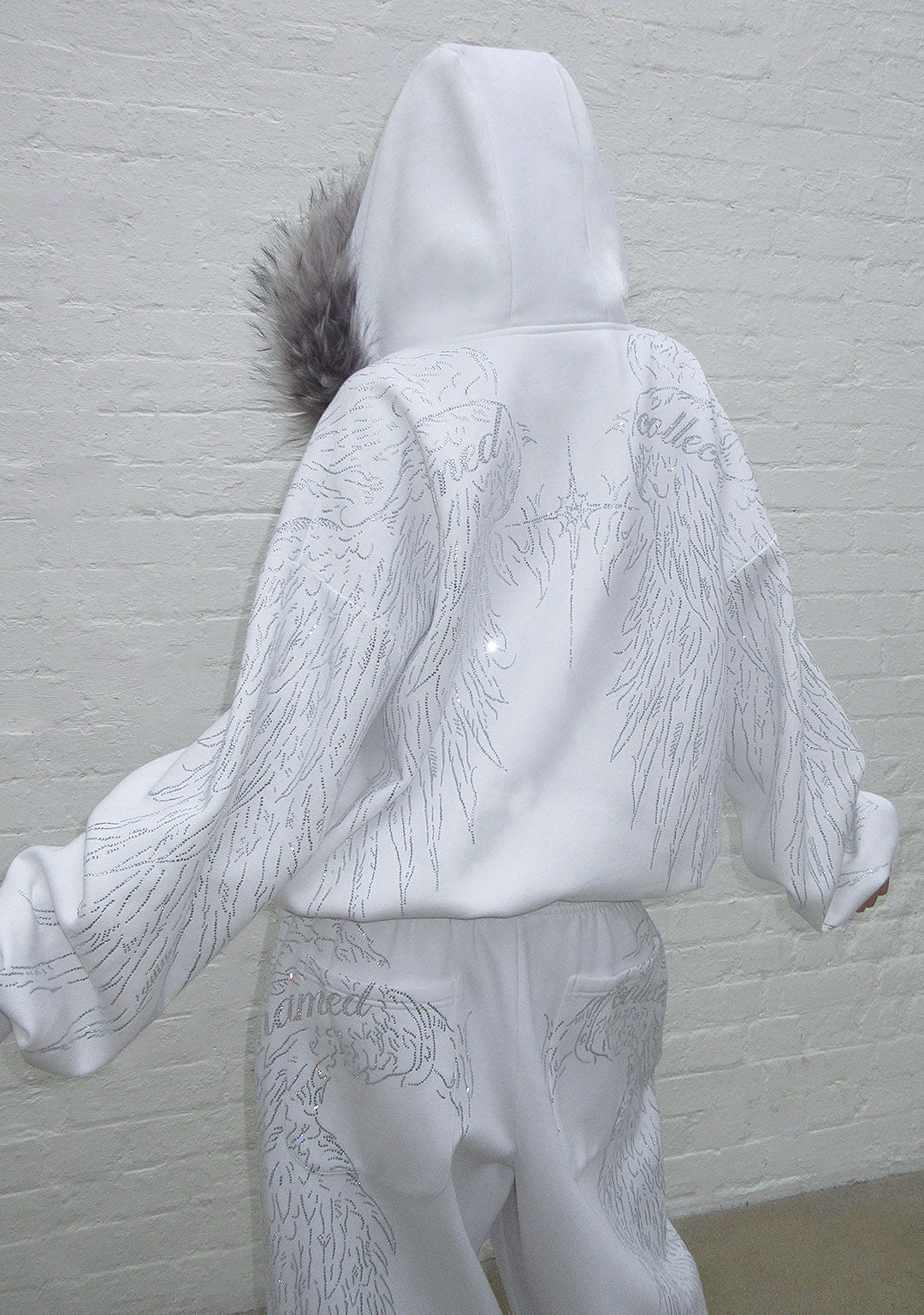 FALLEN FAUX FUR RHINESTONE ZIP HOODIE WHITE
