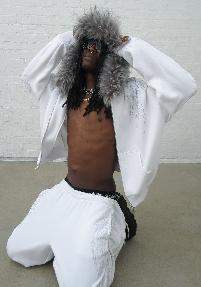 FALLEN FAUX FUR RHINESTONE ZIP HOODIE WHITE