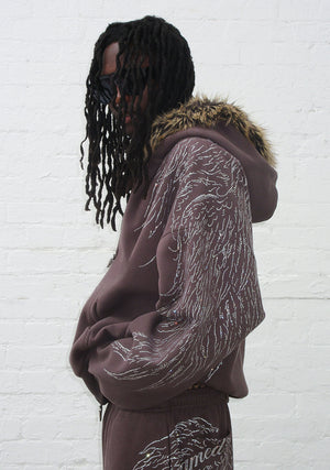 FALLEN FAUX FUR RHINESTONE ZIP HOODIE BROWN (DETACHABLE FUR)