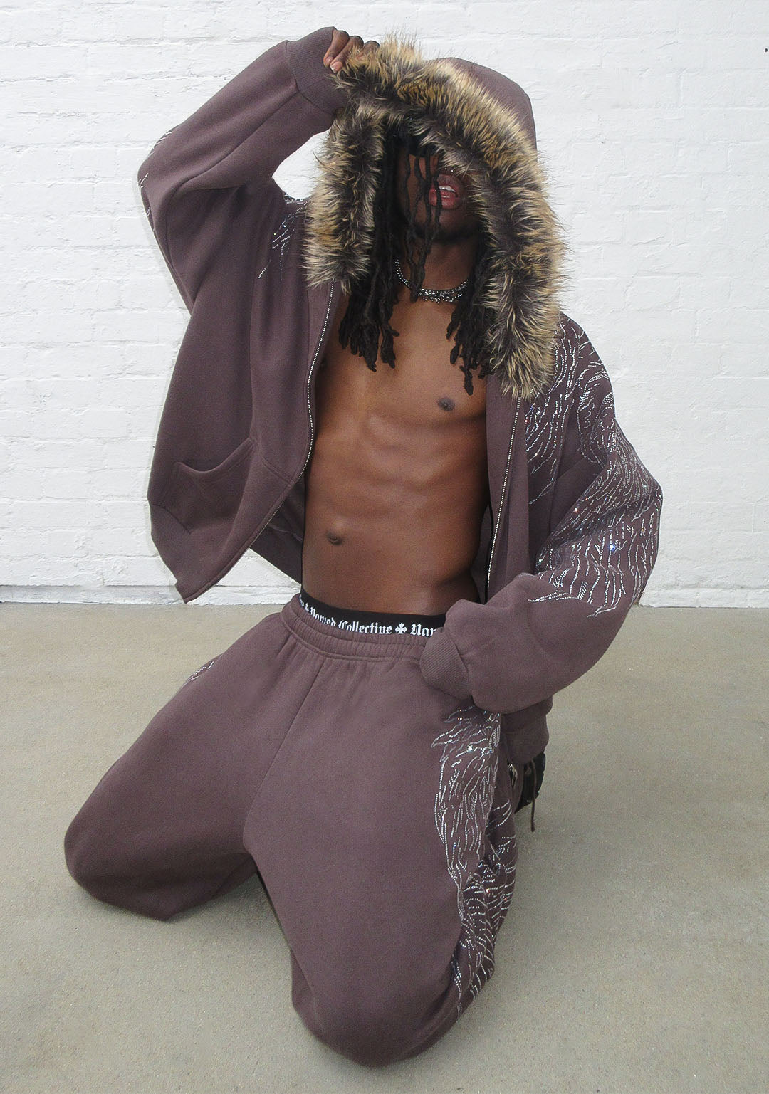 FALLEN FAUX FUR RHINESTONE ZIP HOODIE BROWN (DETACHABLE FUR)